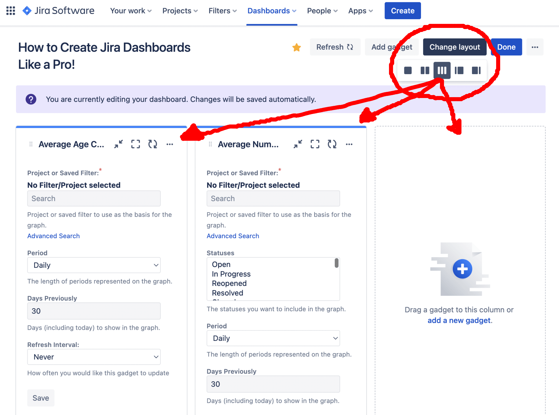 Here's where you change the layout of the gadgets in your dashboard. Engineering Excellence, Agile Devops, DORA Metrics