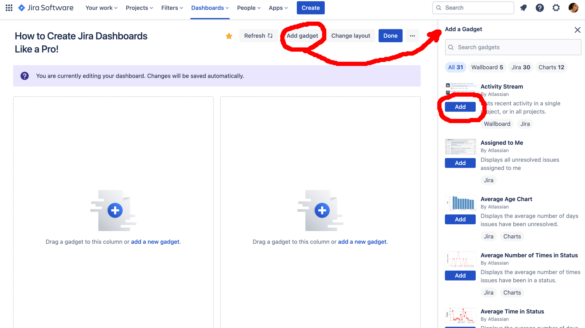 Add gadget widget on Jira Dashboard, Arrange gadgets into columns