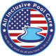 Logo for All Inclusive Pool Care with an American flag and blue swimming pool icon, slogan: “We do the work so all you have to do is swim”