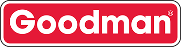 A red and white goodman logo on a white background