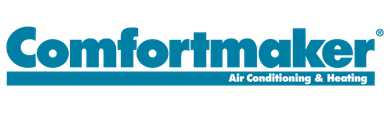 The comfortmaker air conditioning and heating logo is blue and white