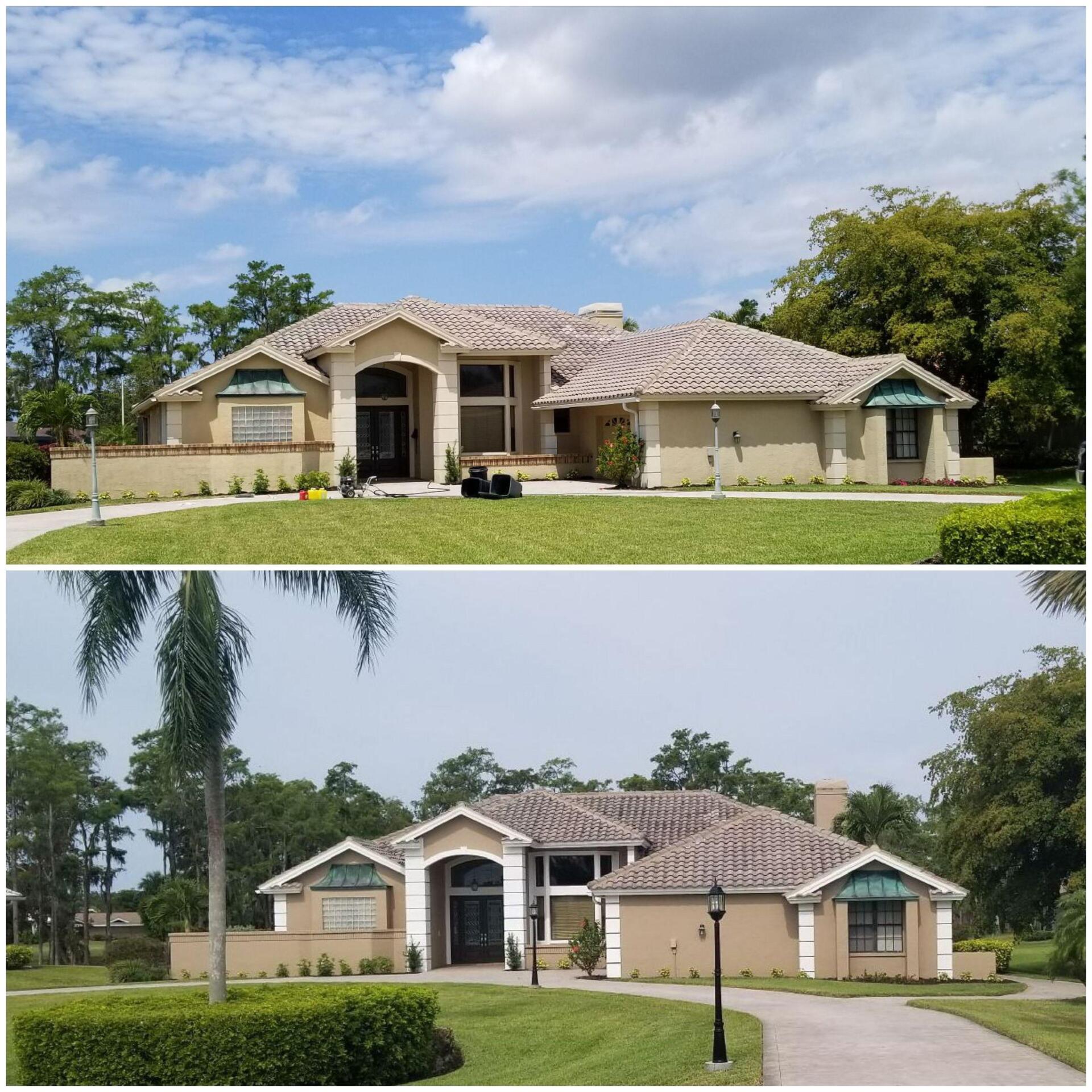 Two photos of a large beige house with a curved driveway, lush green lawn, and blue sky.