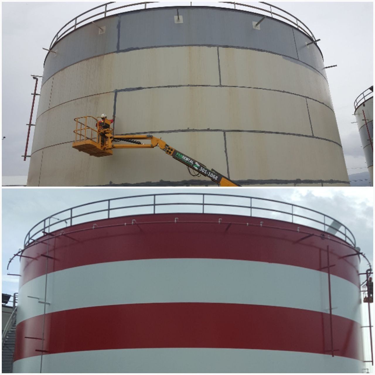 A large industrial tank being repainted with red and white stripes, with a worker in a lift.