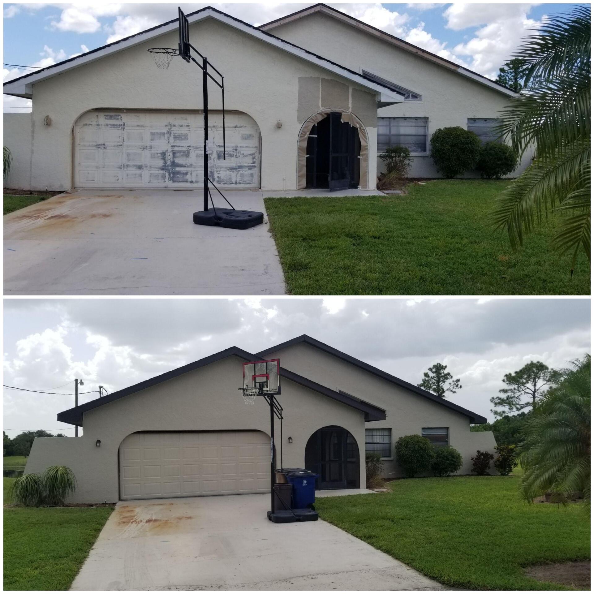 Top: House exterior with faded paint and basketball hoop. Bottom: Renovated house exterior with new paint.