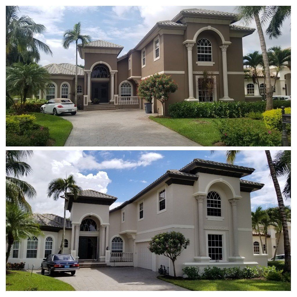 Two-panel comparison. House exterior painted from brown to light beige. Palm trees, driveway, and cars are visible.