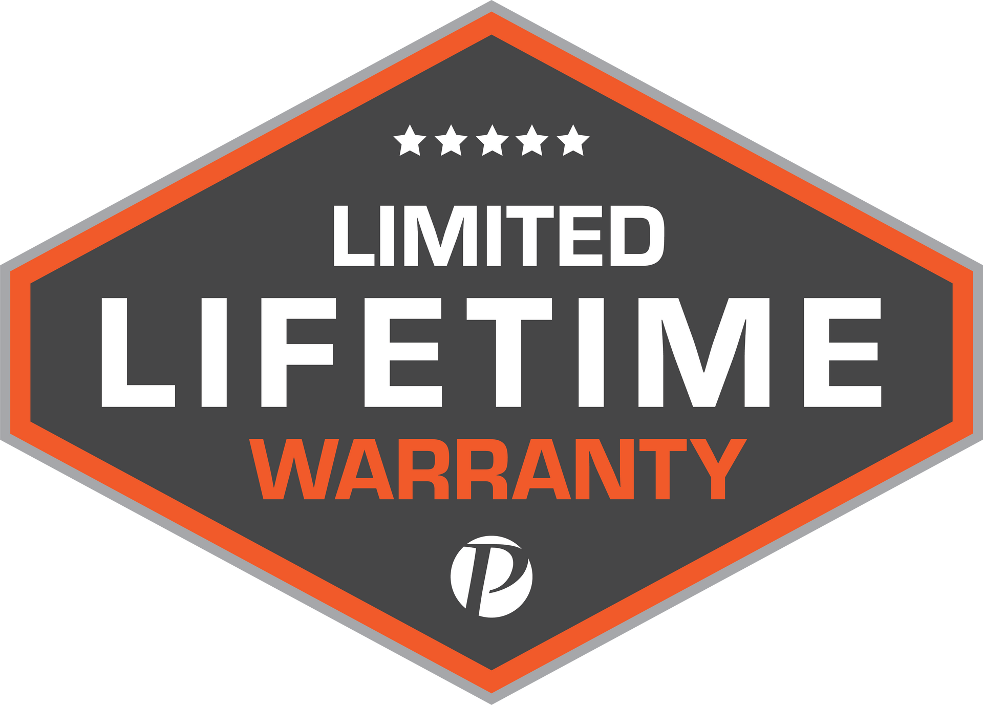 Limited Lifetime Warranty badge with white text on a gray diamond, orange border, and five stars.