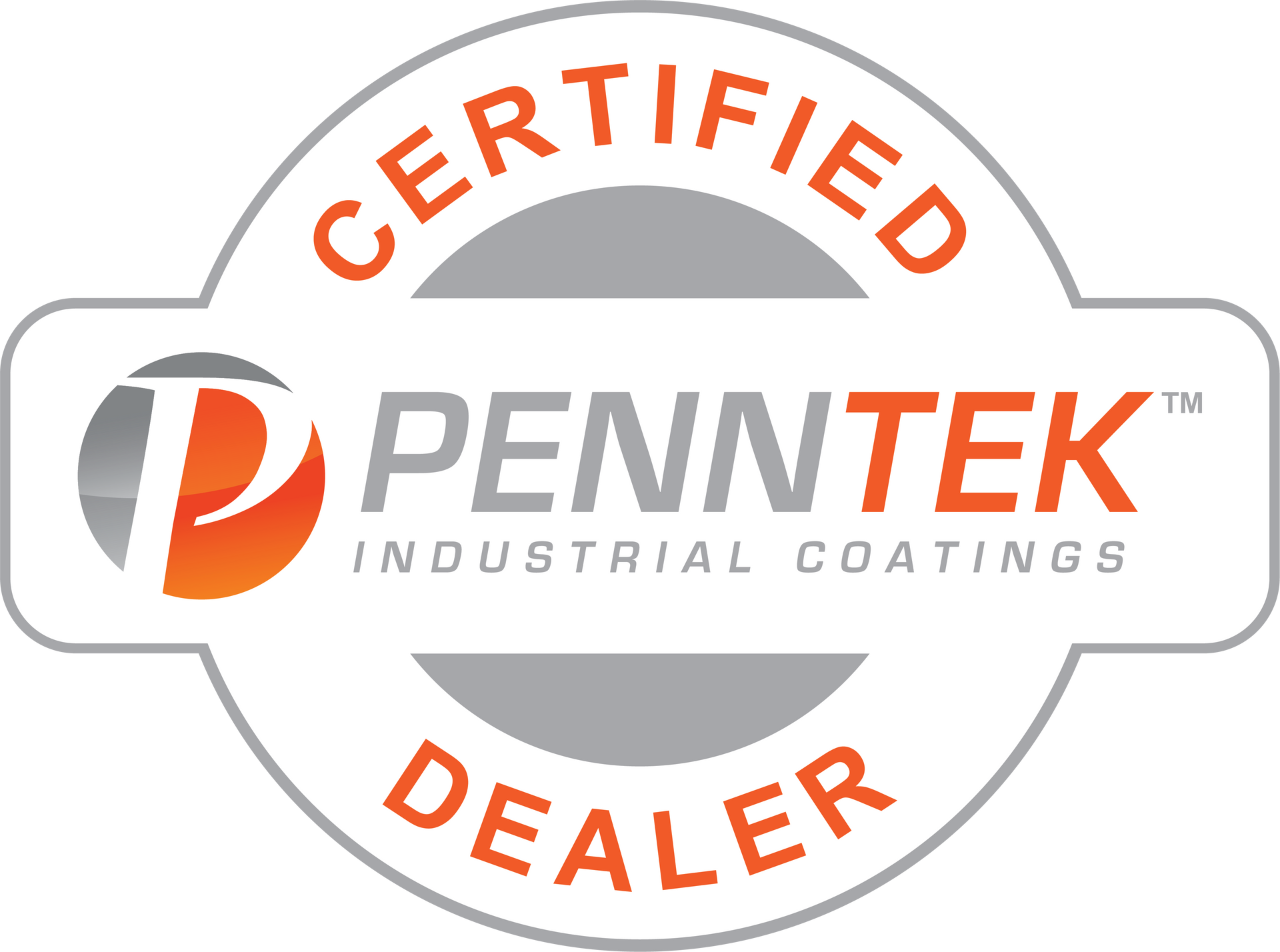 PennTek Industrial Coatings Certified Dealer logo: White and orange, with gray accents. Text includes