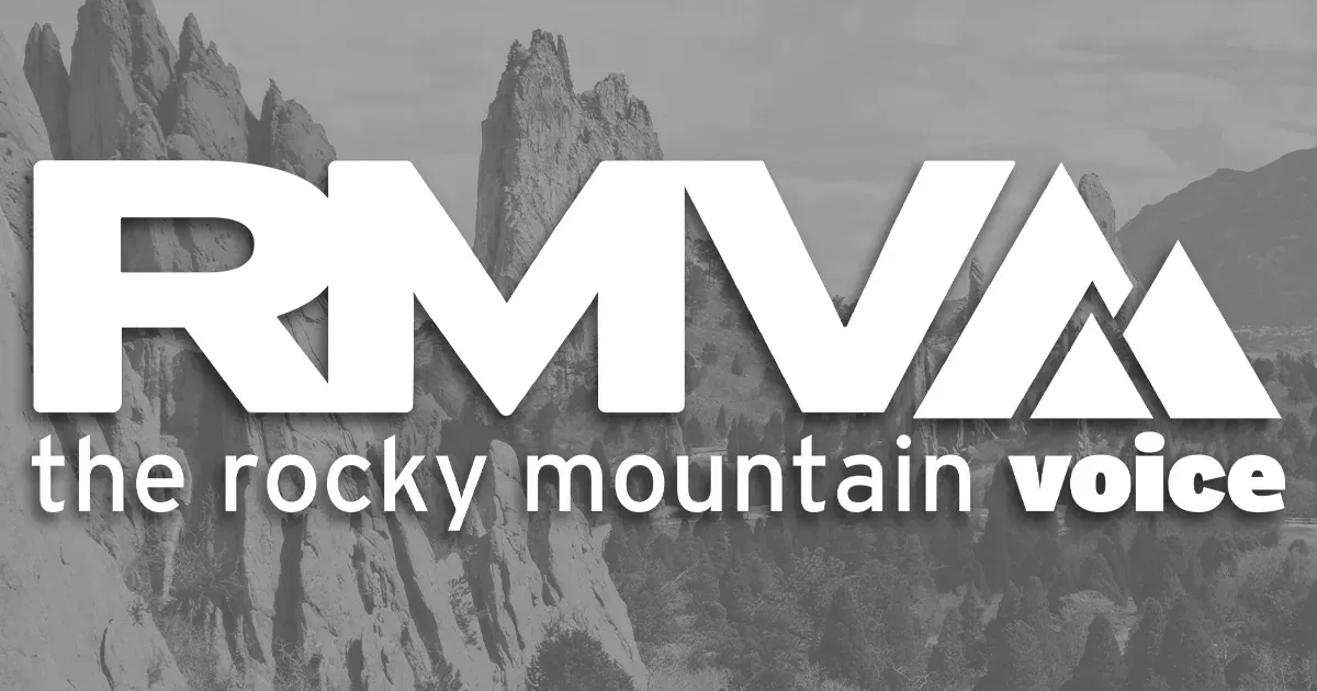 Logo of Rocky Mountain Voice with bold RMV initials over gray mountain backdrop.