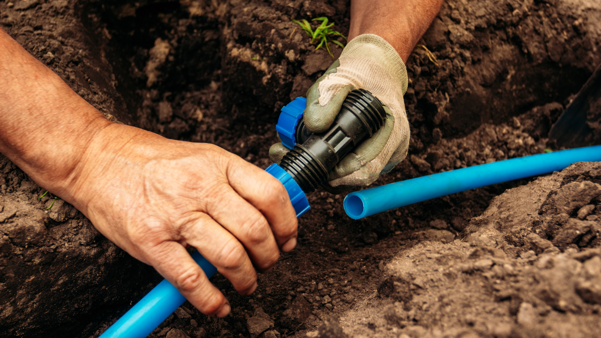 A man is installing a hose in the dirt.