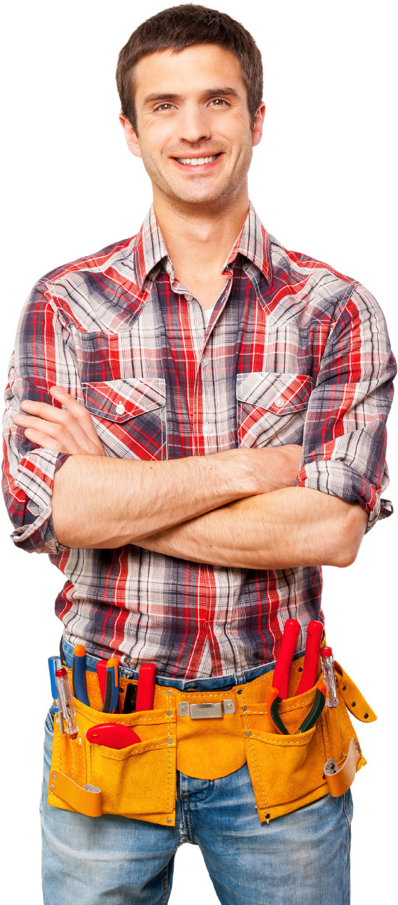 A man wearing a plaid shirt and a tool belt is standing with his arms crossed.