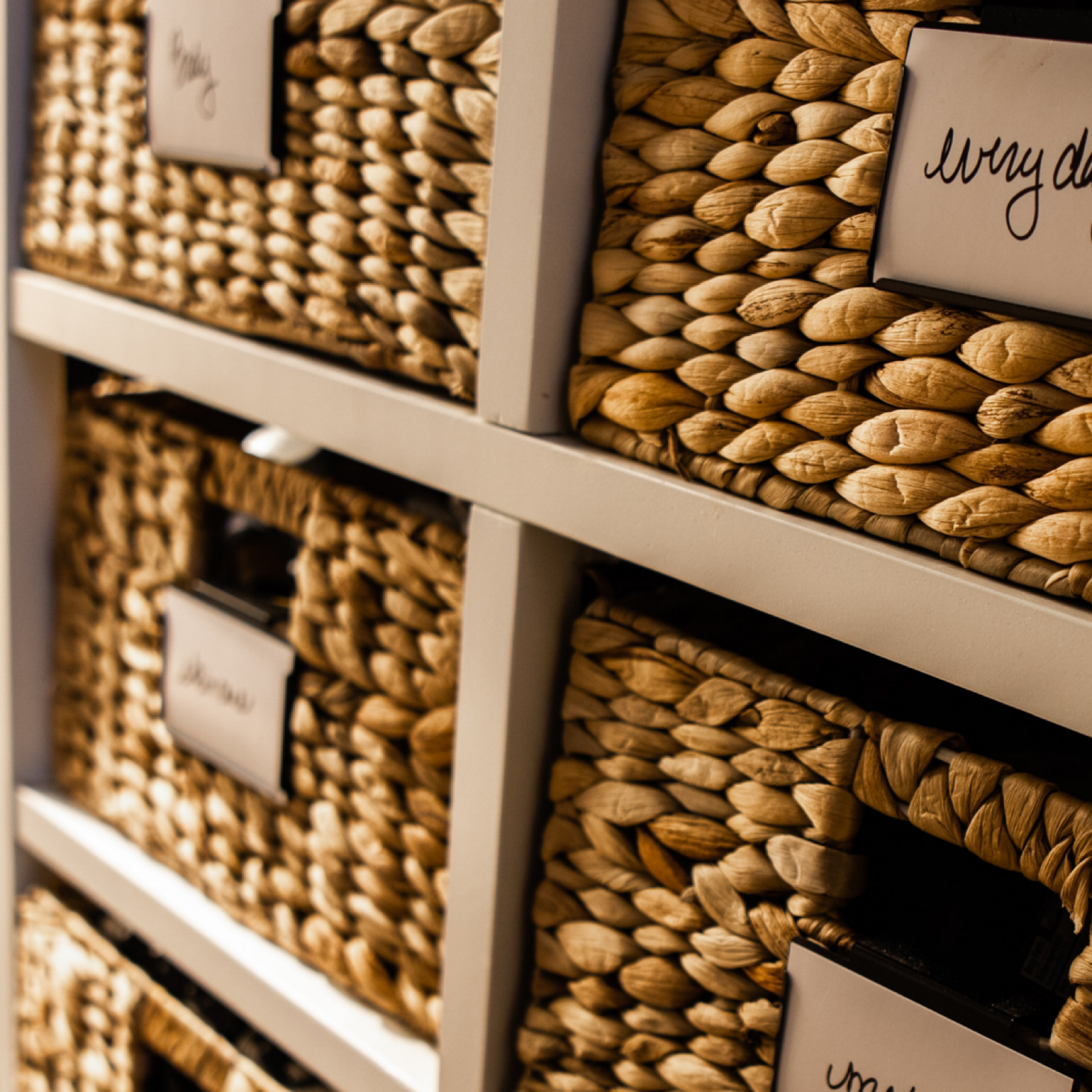 matching wicker bins for organizing shelves