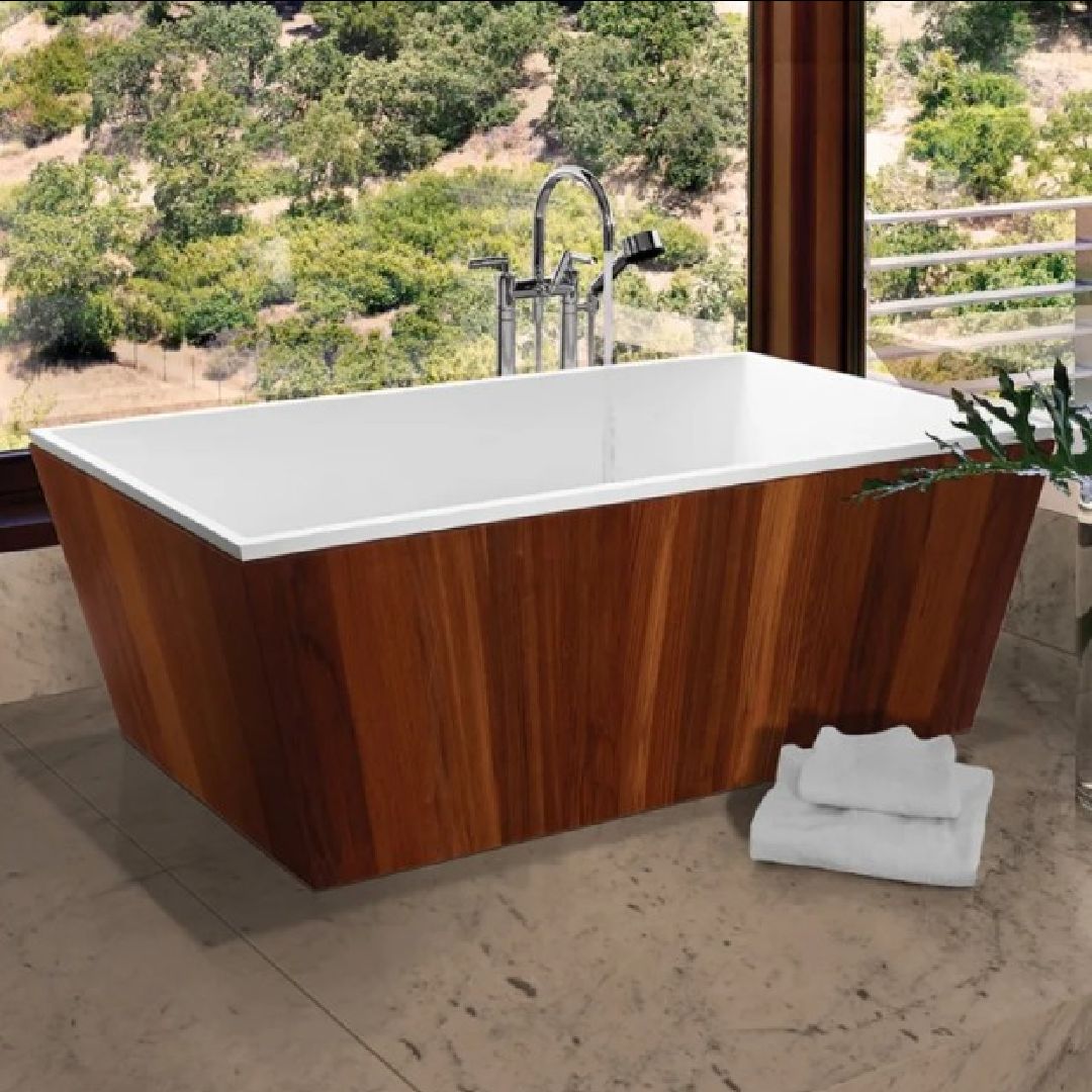 custom bathroom with large windows and teak wrapped soaking tub