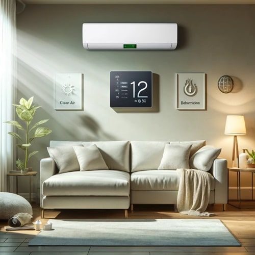 Condizionatore d'aria che trasforma il paesaggio desertico in un lussureggiante campo verde.