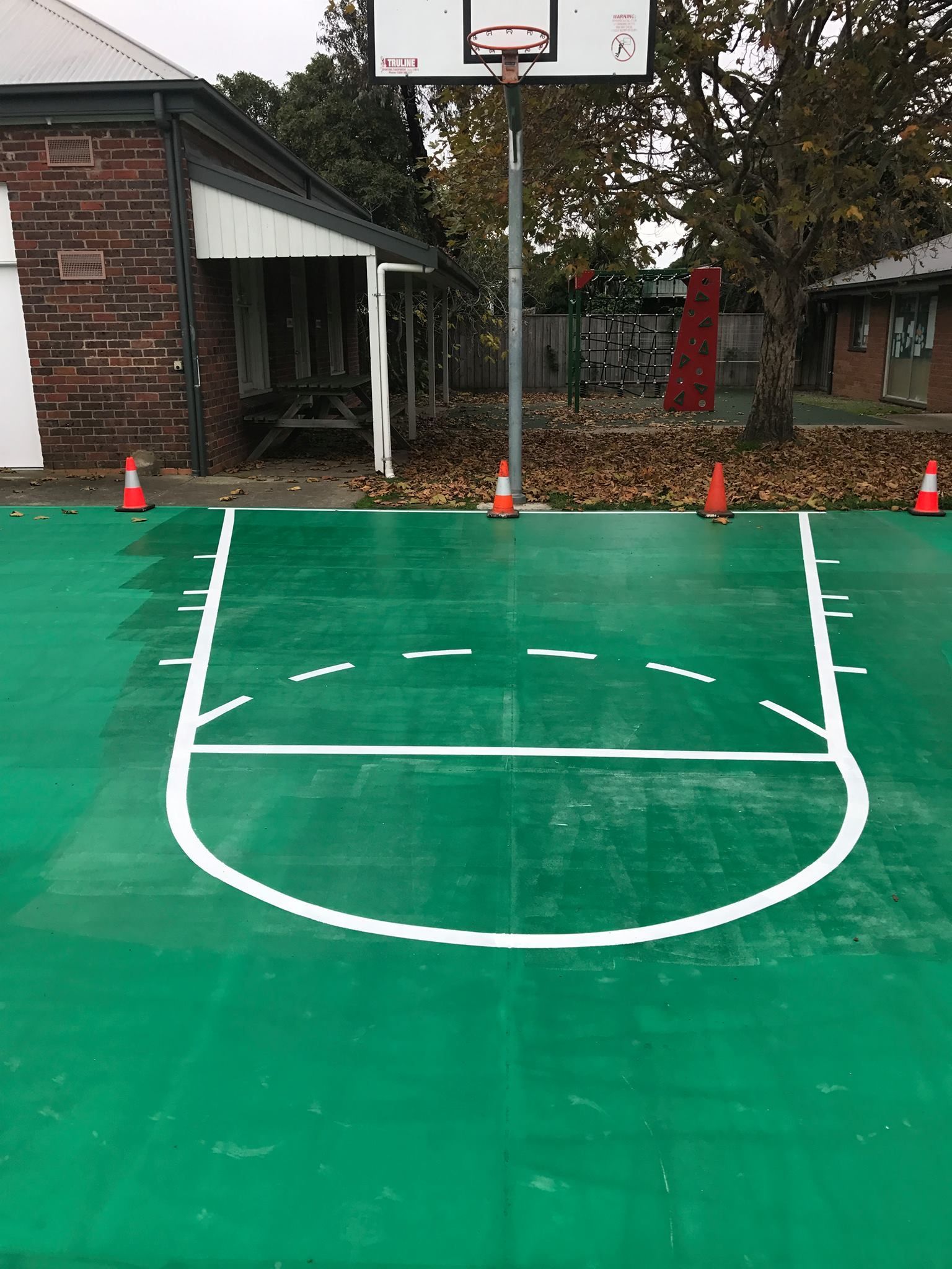 A green basketball court with white lines and a basketball hoop.