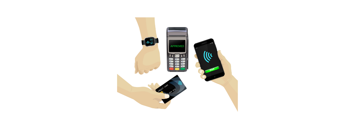 Customer using tap-to-pay with Apple Pay and Google Pay on a contactless POS terminal in a high desert small business