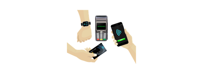Customer using tap-to-pay with Apple Pay and Google Pay on a contactless POS terminal in a high desert small business