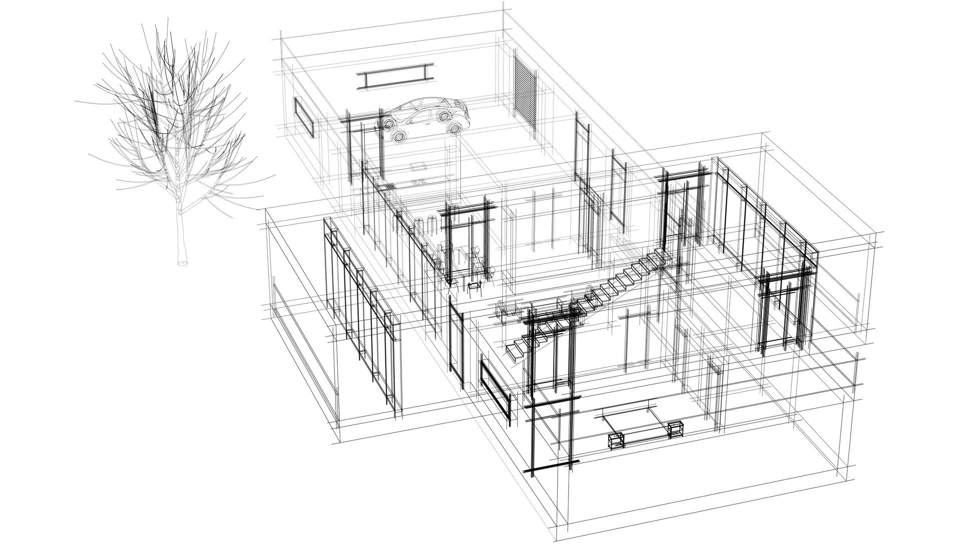Architectural sketch of a modern house, showing interior and exterior details in a wireframe style.