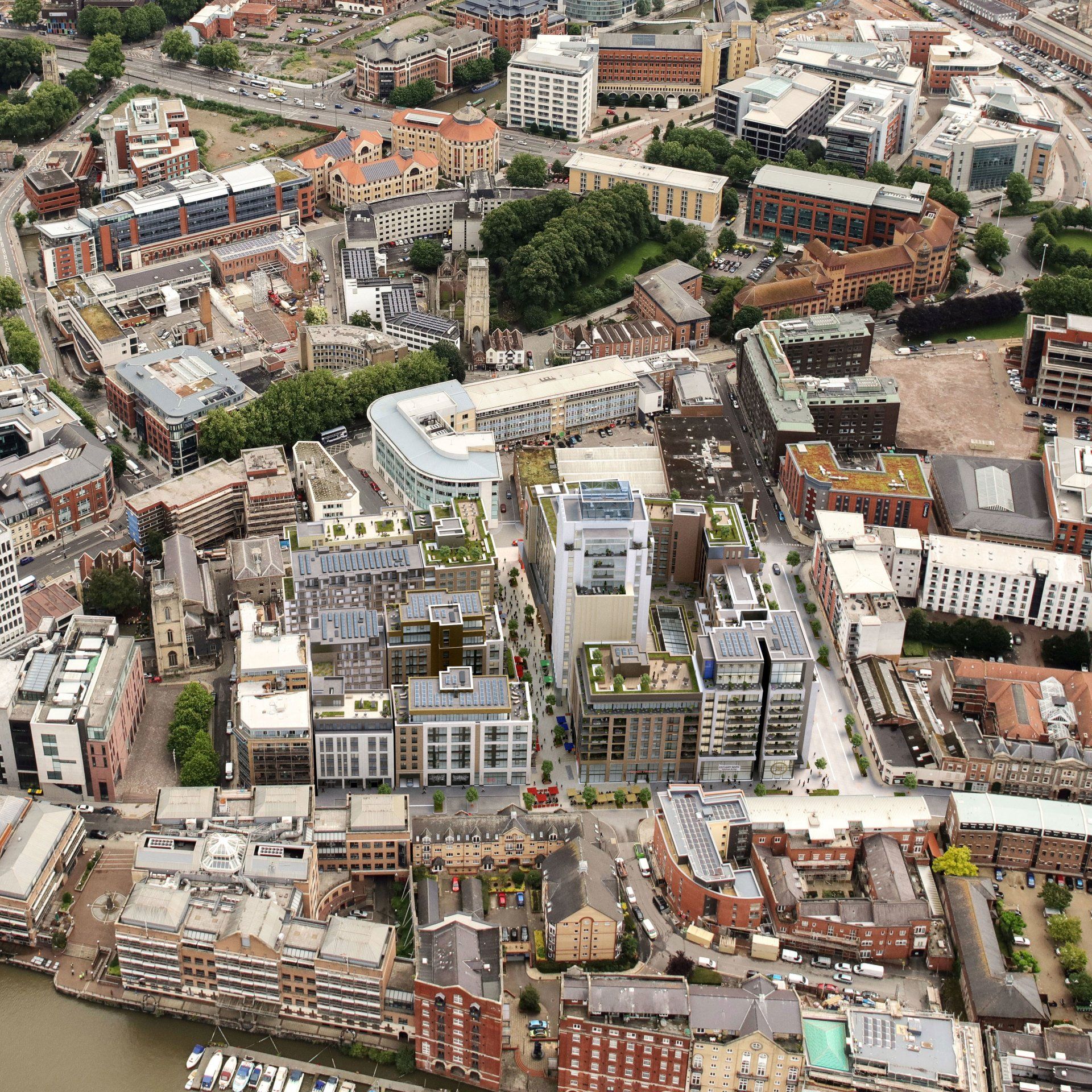 Illustrative aerial CGI view of Redcliff Quarter designed by LSH Architects