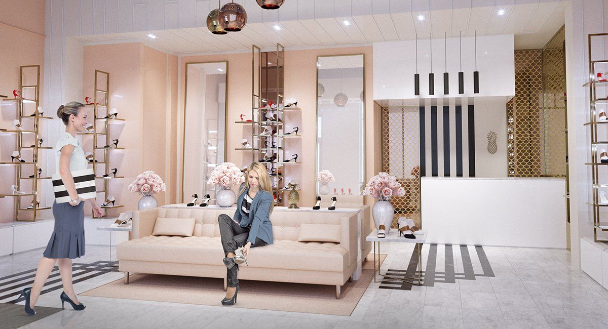 Interior CGI of Aquazzura store at Bicester Village designed by LSH Architects interiors team