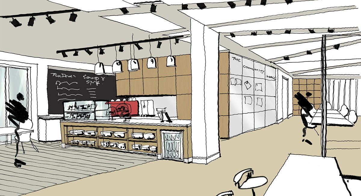 Design sketch of The Exchange, a refreshment hub with flexible workspace for Chineham Park by LSH Architects