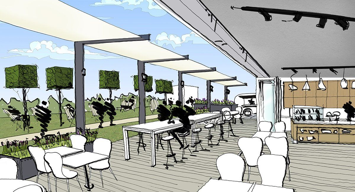 Design sketch of The Exchange, a refreshment hub with flexible workspace for Chineham Park by LSH Architects