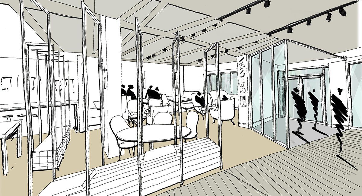 Design sketch of The Exchange, a refreshment hub with flexible workspace for Chineham Park by LSH Architects