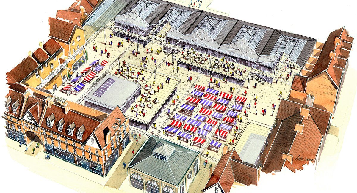 Hand drawn aerial view of new ground floor retail and F&B additions to historic Spitalfields Market by LSH Architects