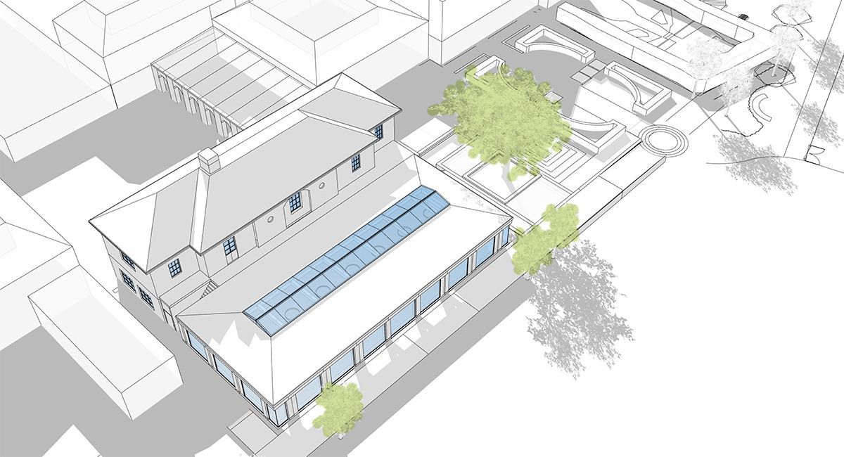 Aerial CGI of Edge Grove School new dining facility by LSH Architects