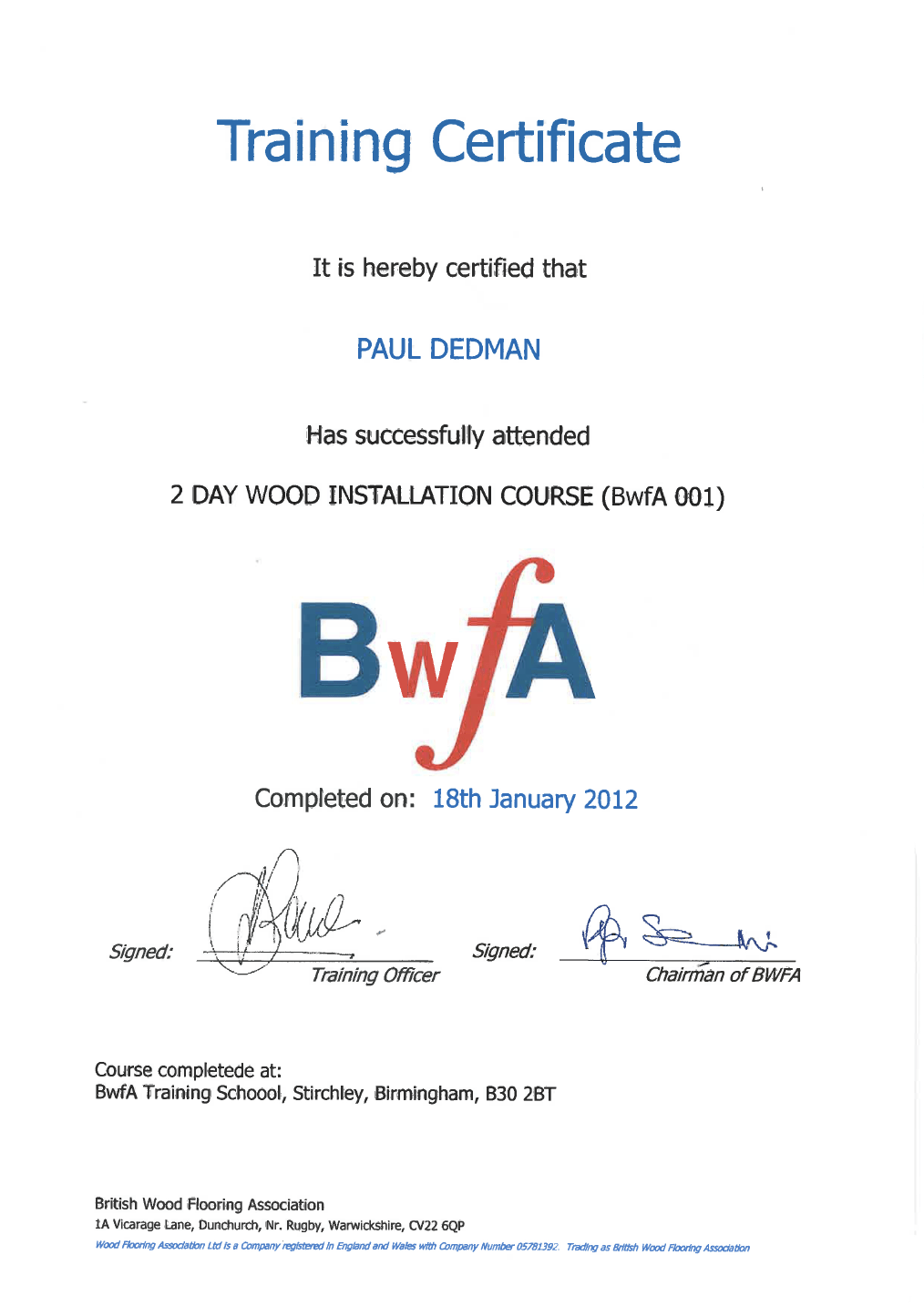 Interior Flooring Newbury |It is a training certificate for a wood installation course.