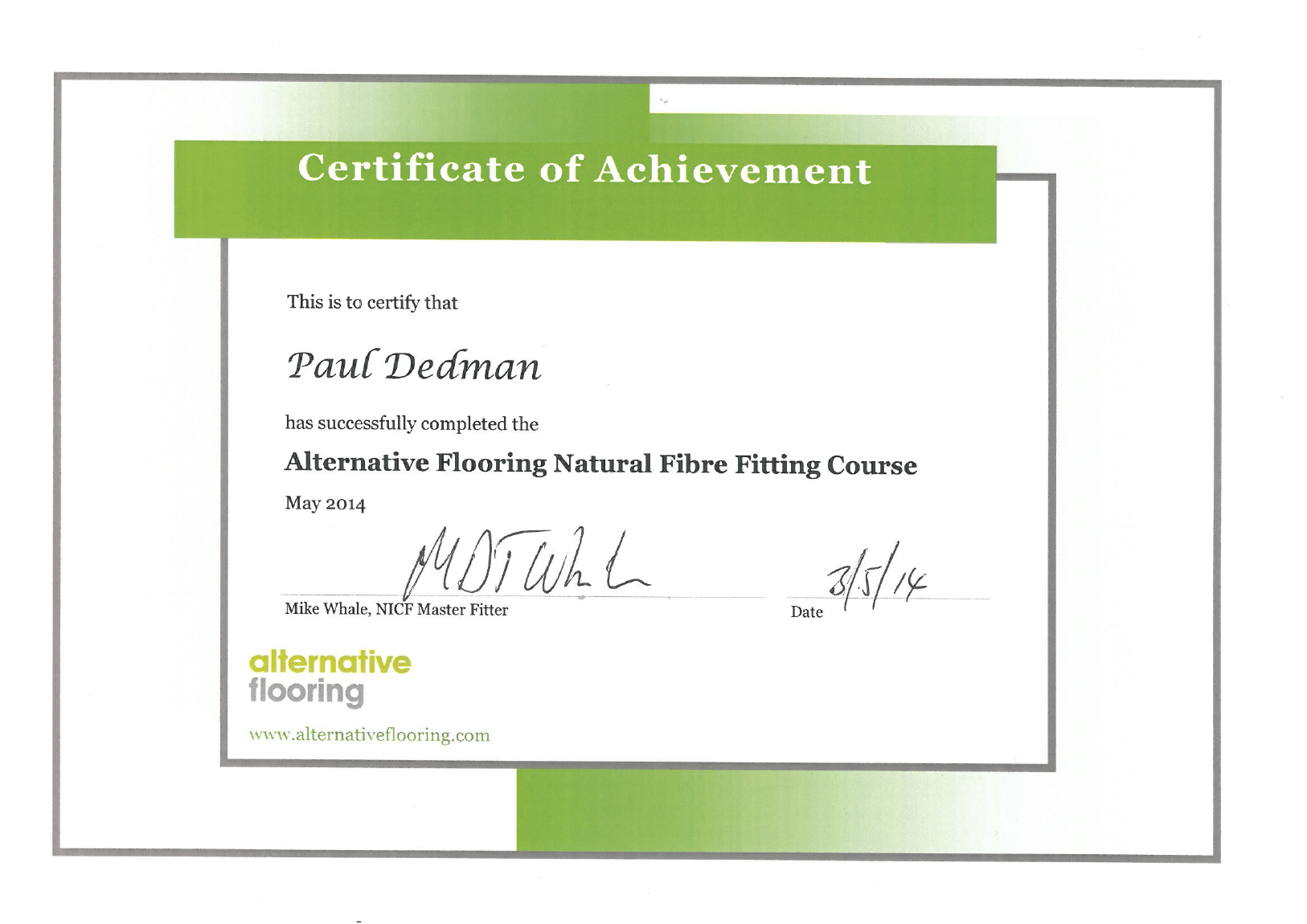 Interior Flooring Newbury |A certificate of achievement from alternative flooring