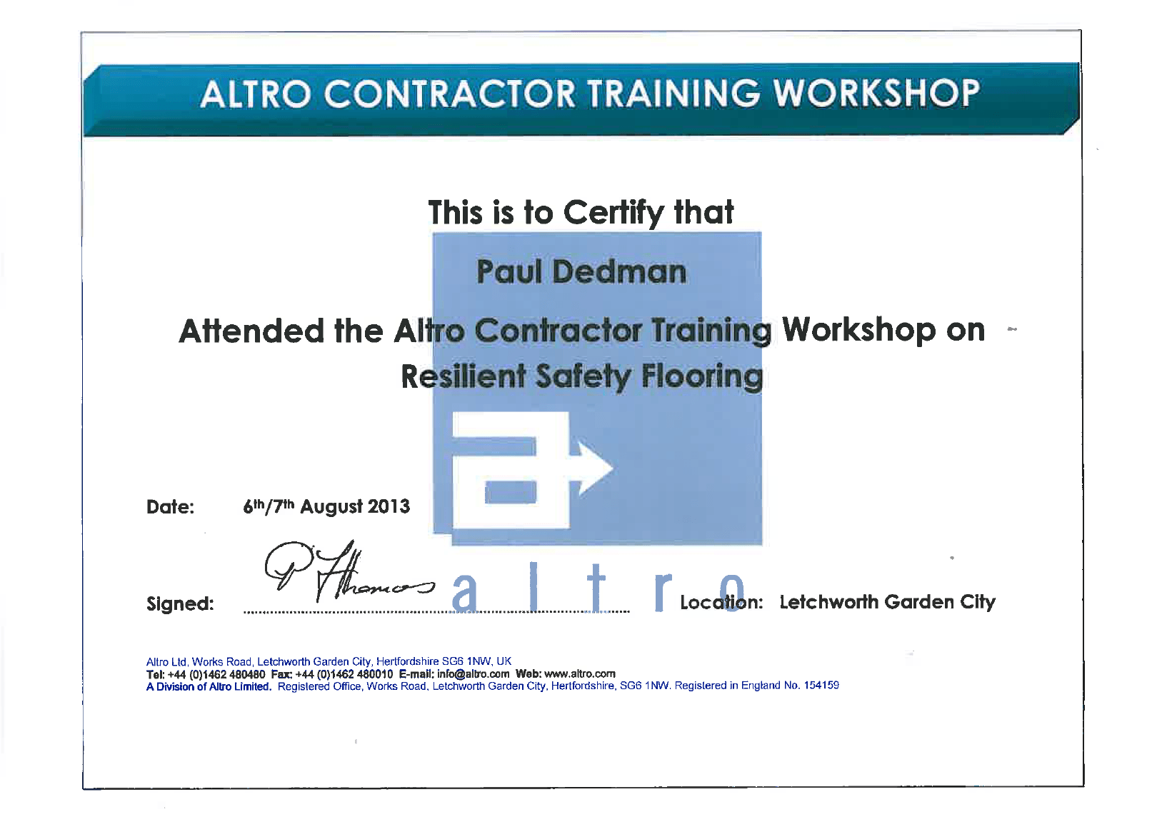 Interior Flooring Newbury |A certificate that says ' altro contractor training workshop ' on it