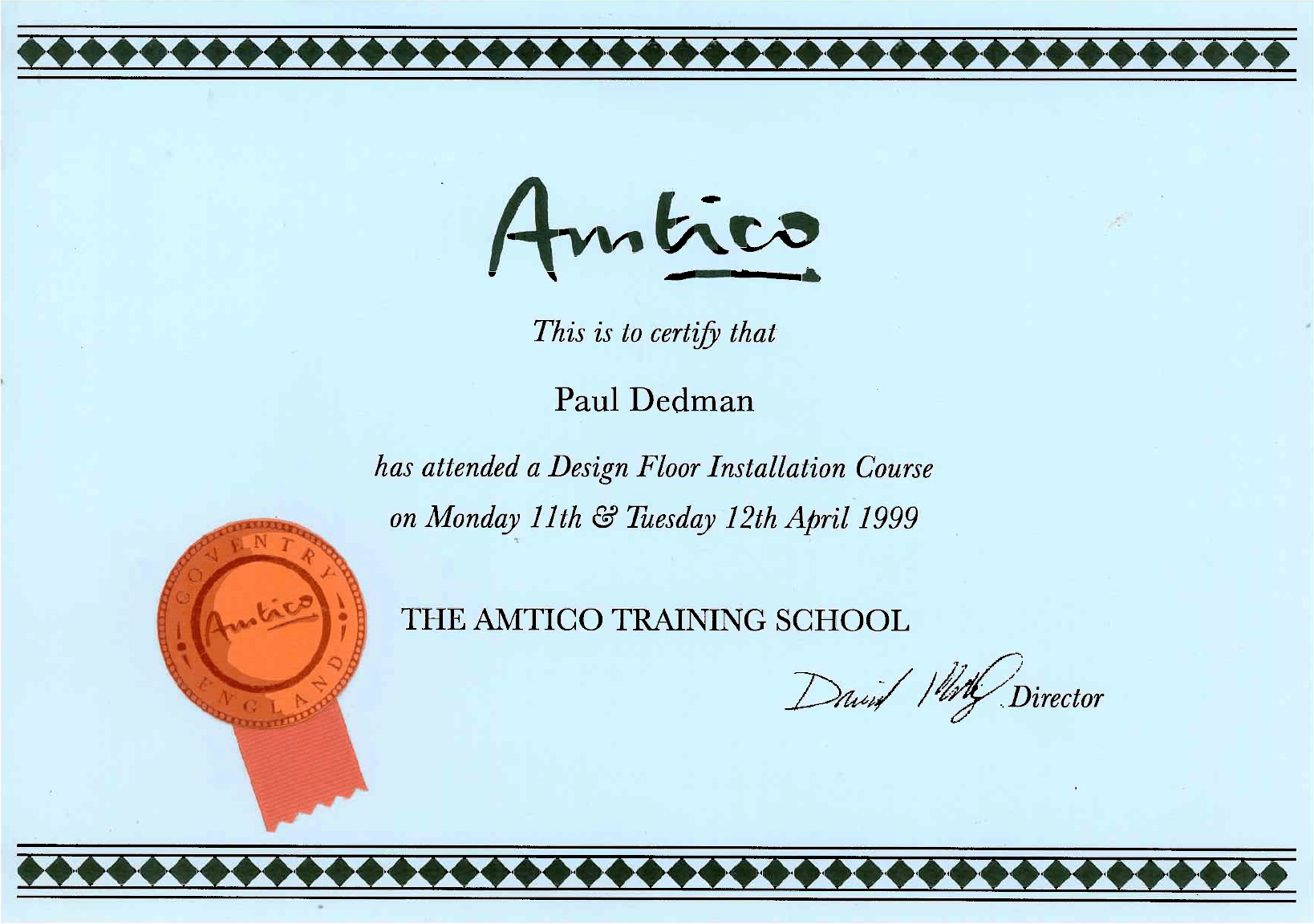 Interior Flooring Newbury |A blue certificate with the word antico on it