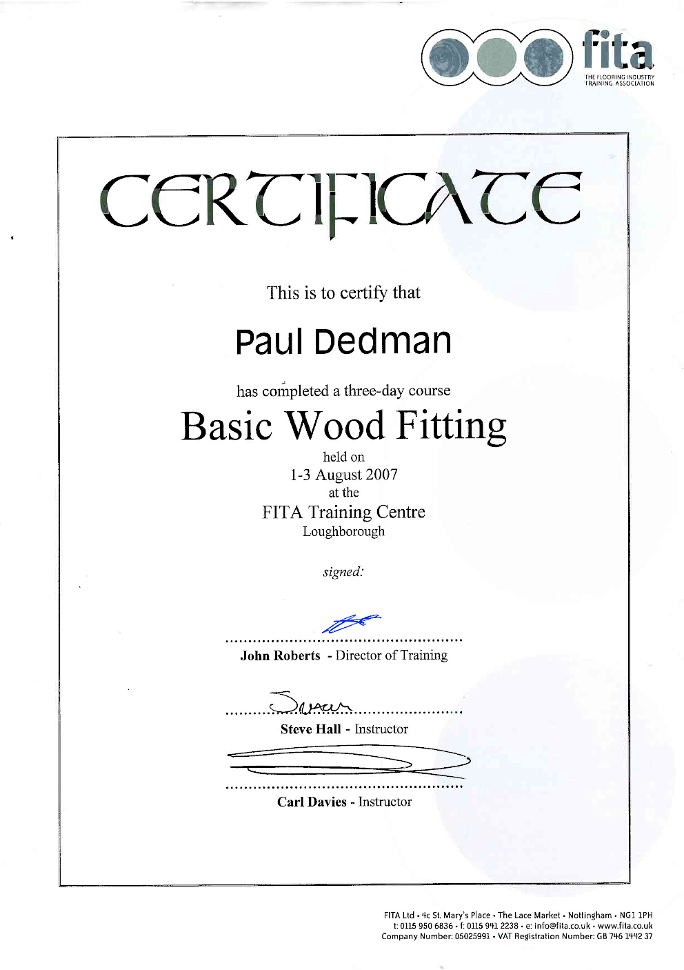 Interior Flooring Newbury |A certificate for basic wood fitting is on a white background.