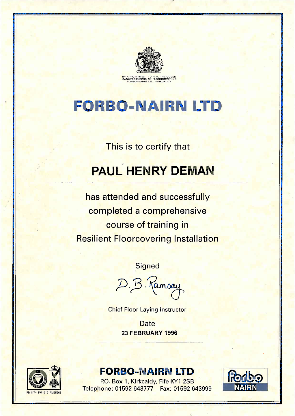 Interior Flooring Newbury |A certificate that says forbo-nairn ltd on it