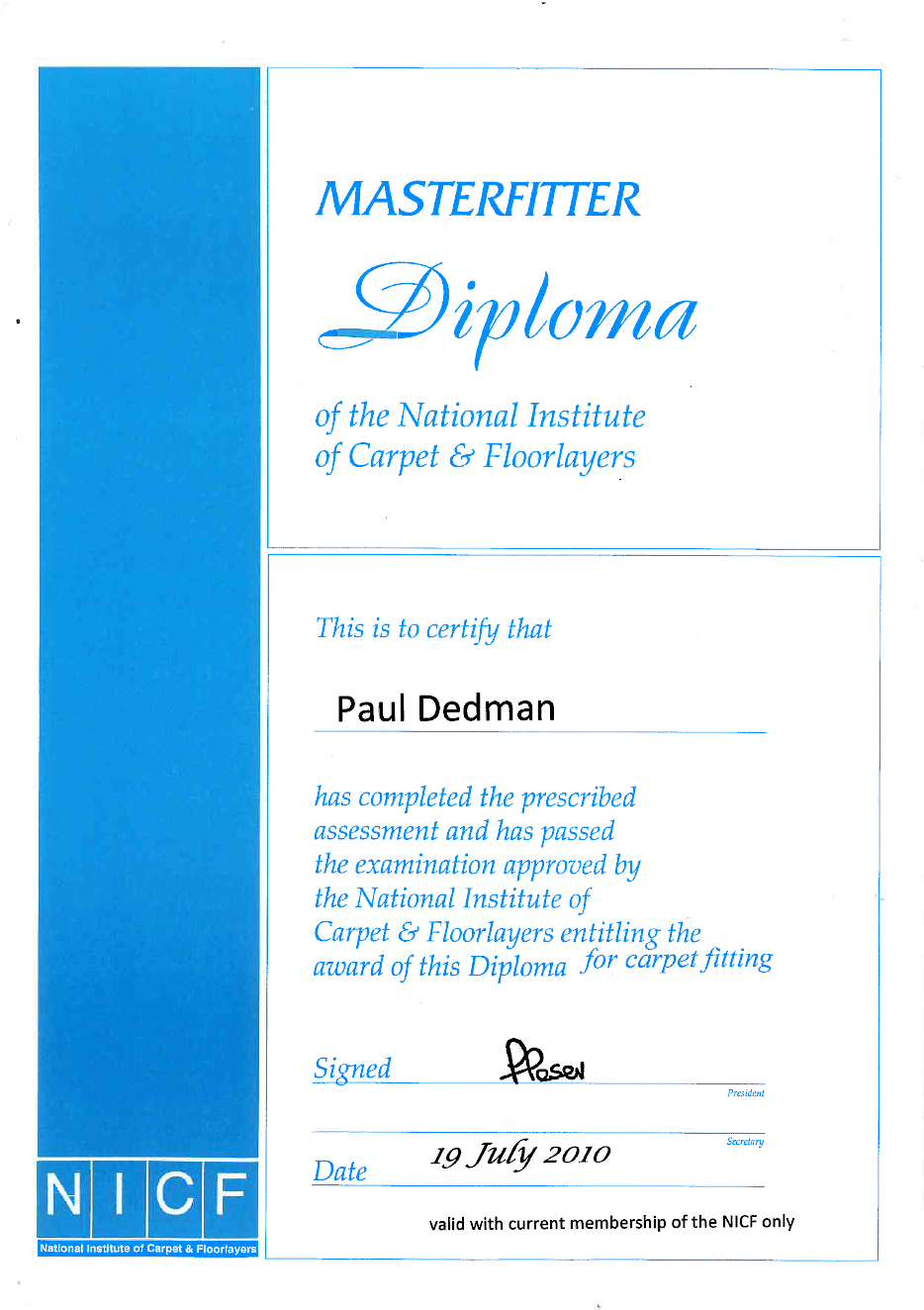 Interior Flooring Newbury |A blue and white certificate that says masterfitter diploma