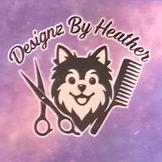 Logo with a smiling husky, scissors, comb, and “Design By Heather” on a pink-purple background