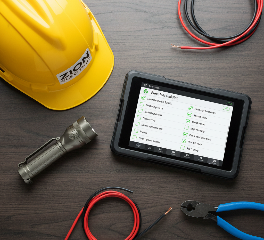 Tools and tablet on a wooden surface: hard hat, flashlight, wires, pliers, and tablet displaying an 