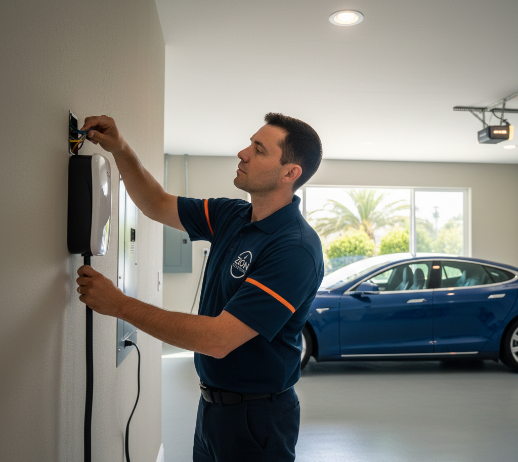Man installing an electric vehicle charger in a garage; blue car visible.