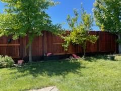 Backyard with green lawn, trees, and a long red wooden fence under a blue sky