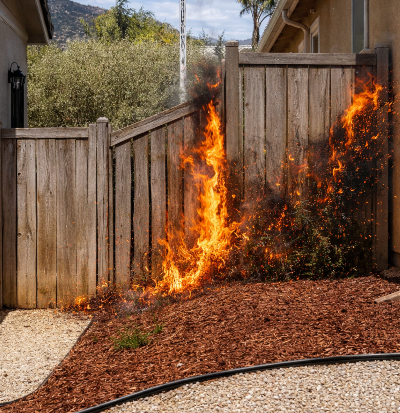 A brown horizontal slat fence and gate connecting two beige exterior walls over a landscaped ground of mulch and gravel.