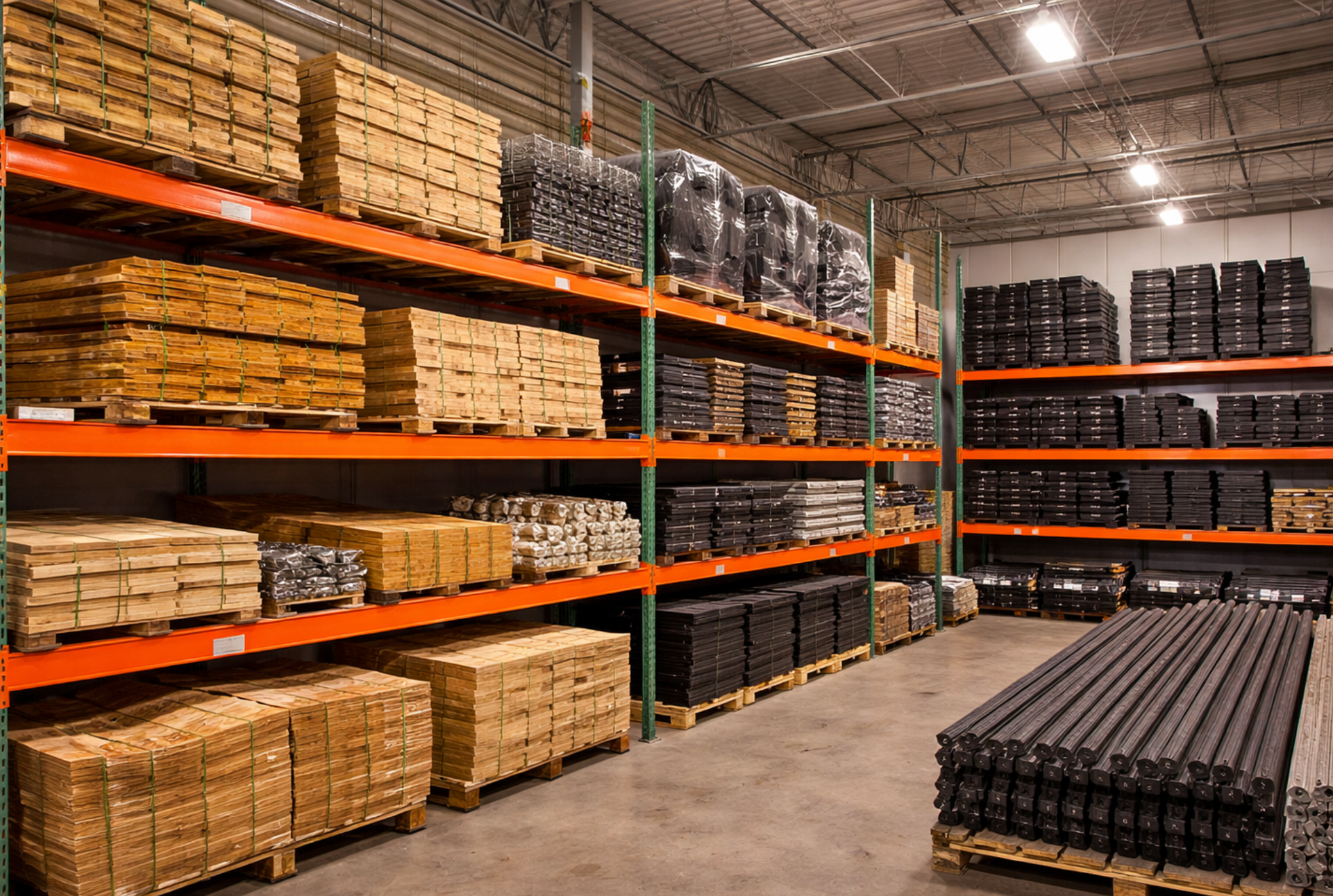 Warehouse interior with shelves of stacked goods on pallets, concrete floor.