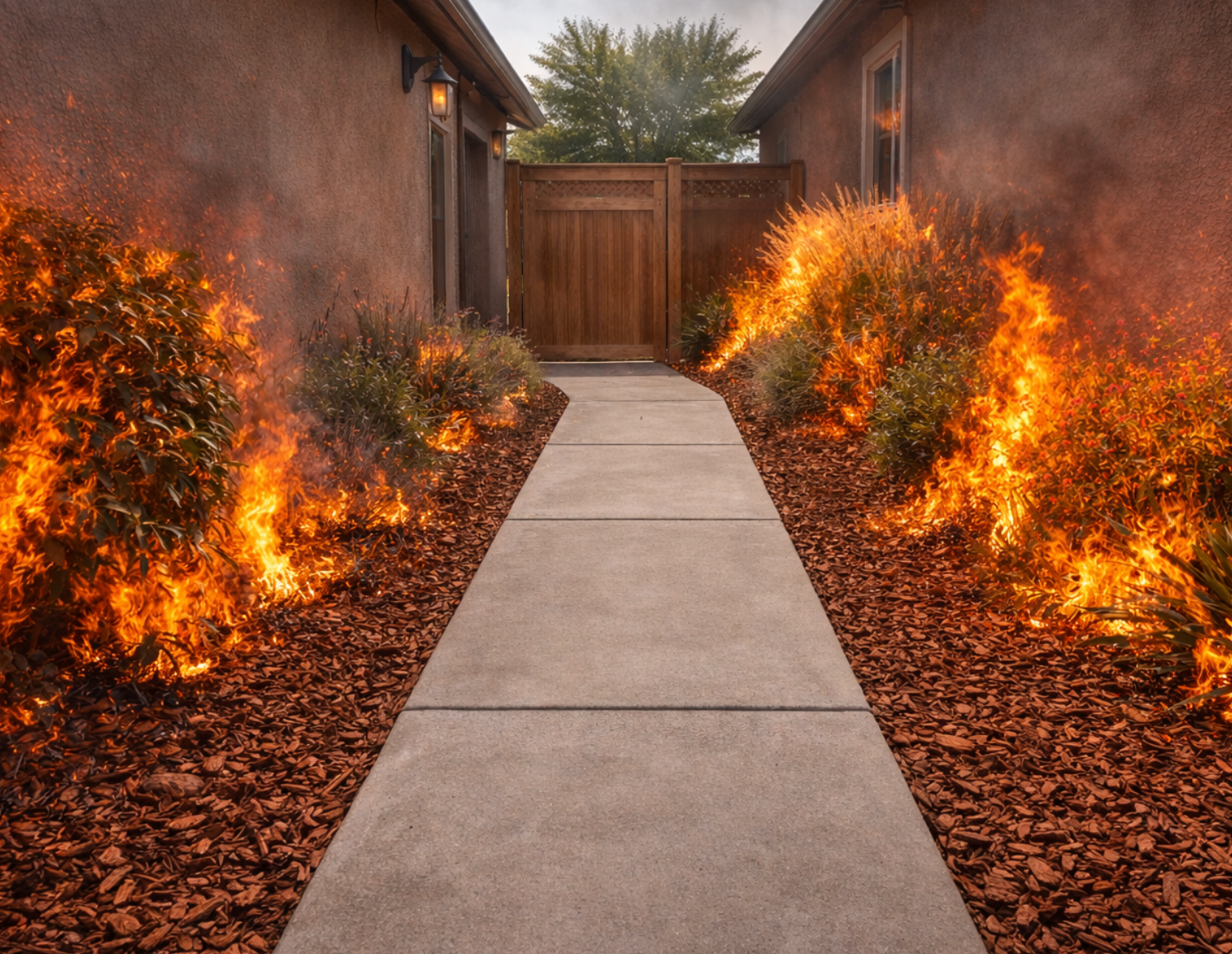 A concrete walkway passes between two burning landscaped bushes next to houses, with a wooden gate in the background.