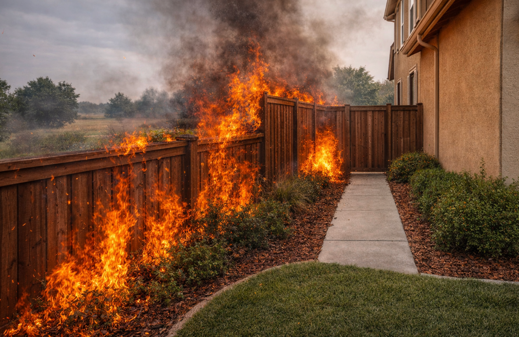 A wooden fence in a residential backyard is engulfed in flames and thick smoke next to a house.