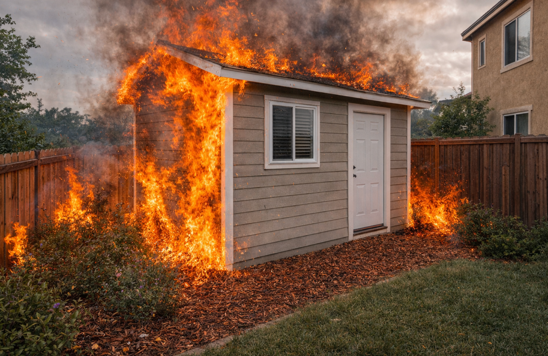 A beige backyard shed is engulfed in large orange flames and thick black smoke.