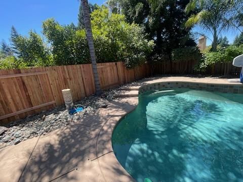 Backyard swimming pool with wooden fence, trees, and a sunlit patio beside clear blue water