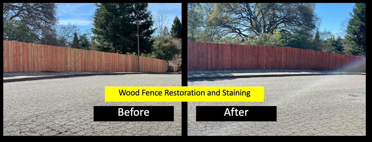before and after image of wood fence repair, restoration and staining