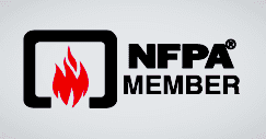 A nfpa member logo with a red fire in a square.