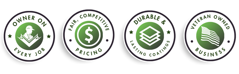 Four circular icons in green and white highlighting owner presence, fair pricing, durable coatings, and veteran ownership.