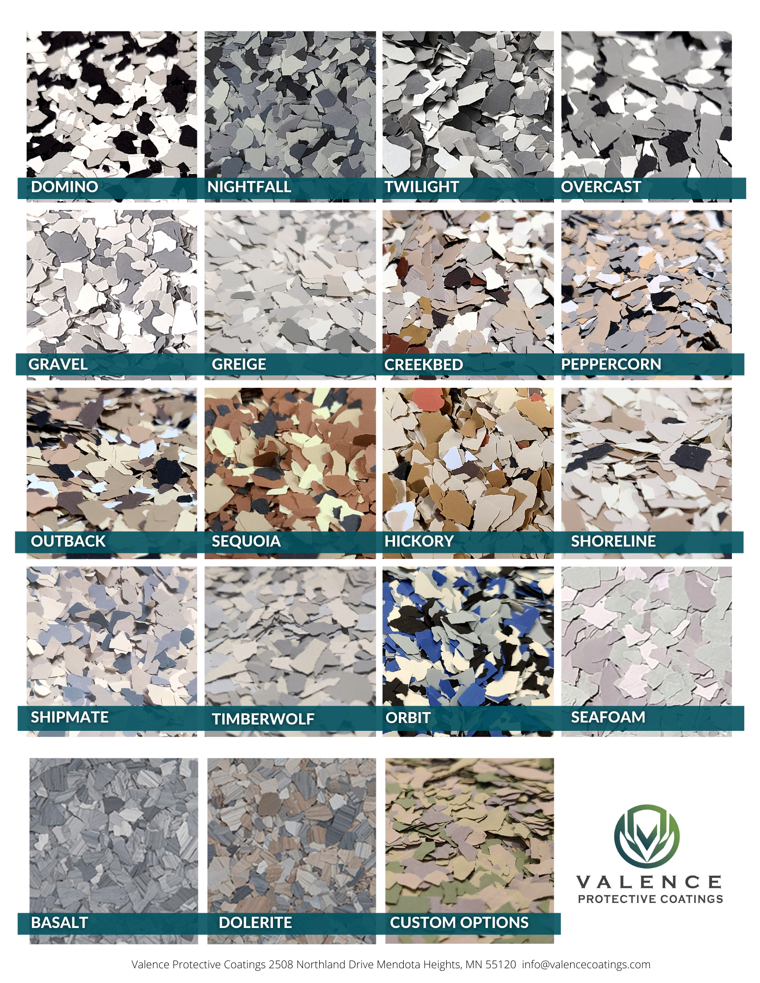 A product catalog grid showing 19 swatches of multi-colored decorative epoxy floor flakes by Valence Performance Coatings.