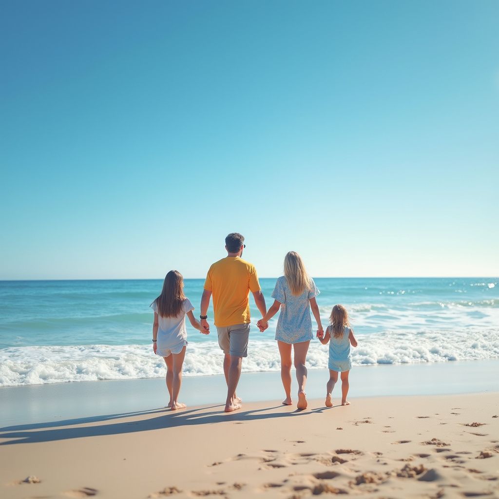 Uma família de quatro pessoas de mãos dadas, caminhando na praia em direção ao oceano em um dia ensolarado.